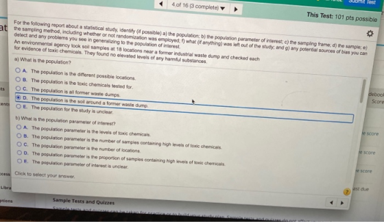 4 of 16 (3 complete) Test This Test: 101 pts possible For the following report about a statistical study, identify (if possib