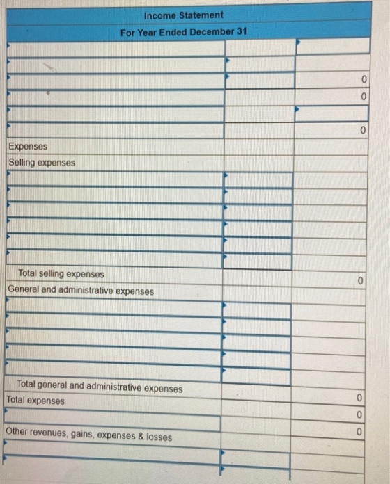 Income Statement For Year Ended December 31 Expenses Selling expenses and in the Total selling expenses General and administr