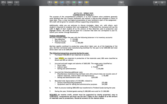 Tv 126% + Zoom Add Page T Text View Insert Table Chart Shape Media Comment Collaborate Format Document ACCTG 231 - SPRING 202