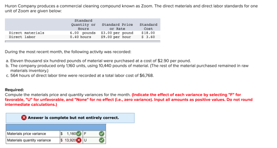 Huron Company produces a commercial cleaning compound known as Zoom. The direct materials and direct labor standards for one