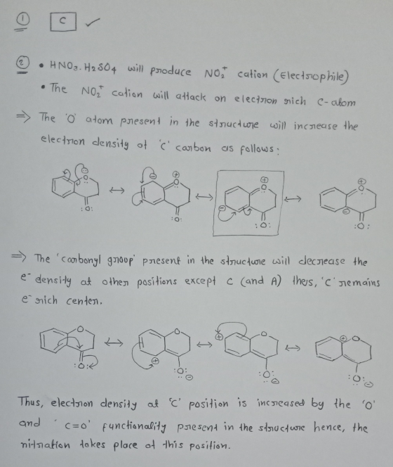 @ HNO2. H2 504 will produce not cation (Electrophile) The NO2 cation will attack on electron mich c-alom The i atom present i