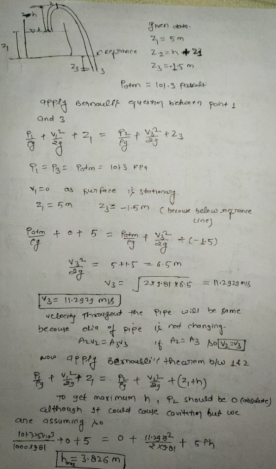 given date, 2 = 5m lo Refrance 2.22h+29 23 Hll, 2z = 15m Paton = 101.3 parcals. apply Bernoulle equestion between point 1 and