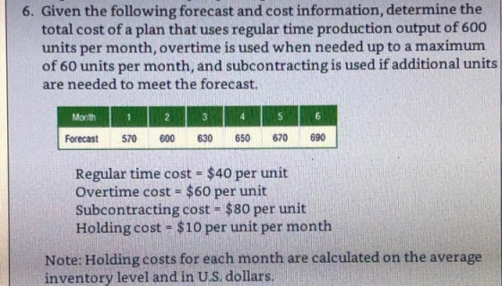 6. Given the following forecast and cost information, determine the total cost of a plan that uses regular time production ou