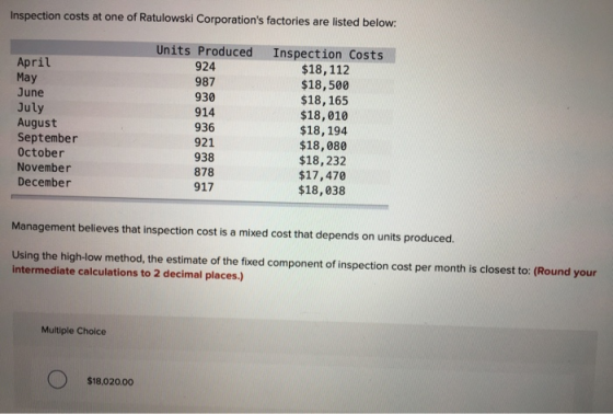 Inspection costs at one of Ratulowski Corporations factories are listed below: April May June July August September October