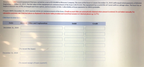 Assume the leased equipment that was carried at a cost of $150,000 to Blossom Company. The term of the lease is 5 years Decem
