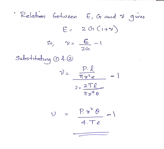 gives Relation between E, G and to E = 2G (140) So, VEI Substitutung Of @ 1 P. I 267 2= Tore _ -1 2x 2.Te Toto D = P.geo-1 4.