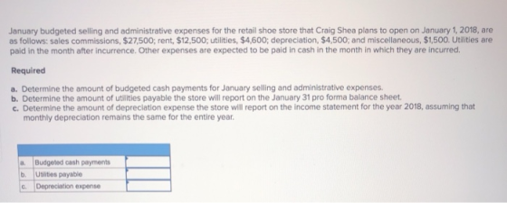 January budgeted selling and administrative expenses for the retail shoe store that Craig Shea plans to open on January 1, 20