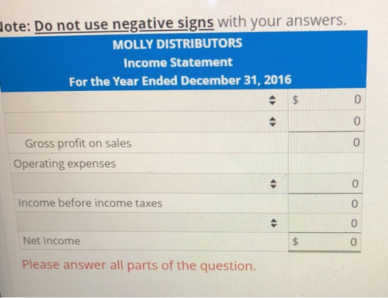 dote: Do not use negative signs with your answers. MOLLY DISTRIBUTORS Income Statement For the Year Ended December 31, 2016 G
