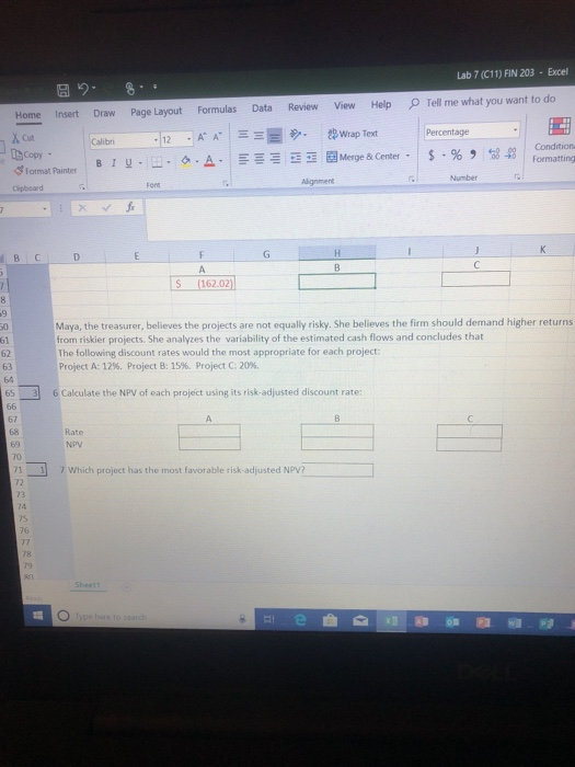 Lab 7 (C11) FIN 203 - Exce Home Insert Draw Page Layout Formulas Data Review View Help Tell me what you want to do = Copy For