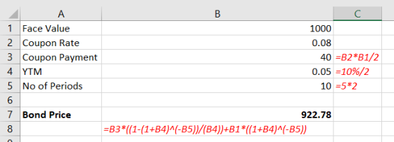 B с А 1 Face Value 2 Coupon Rate 3 Coupon Payment 4 YTM 5 No of Periods 6 7 Bond Price 1000 0.08 40 =B2*B1/2 0.05 = 10%/2 10