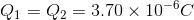 Q_1 = Q_2 = 3.70 imes 10^{-6}C