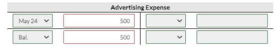 Advertising Expense May 24 500 Bal. 500