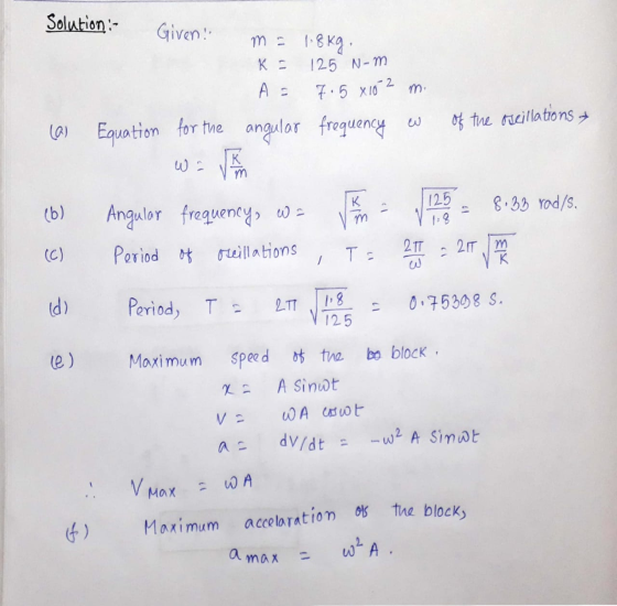 Solution:- Given! m = 1.8kg. K = 125 N-m 7.5x102 m. A= of the Meillations las Equation for the angular frequency w ws K m к 1