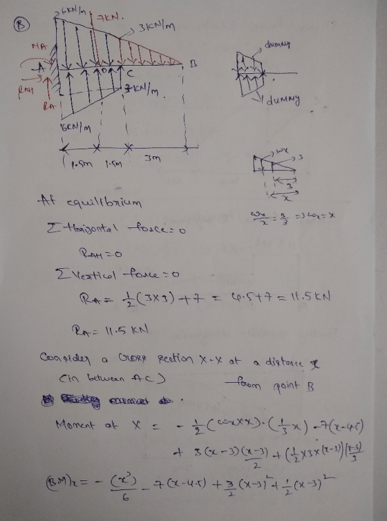B arn. Bknim N. s 3kN/m dummy P 12 t /m. RAVY dummy GCN/m 3m by 11.5m 1. Af equilibrium we = 2 =) Lox= x I Hanigontal toacei