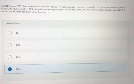 In 2014 through 2018, Shannon borrowed a total of $35,000 for higher education expenses on qualified education loans while su