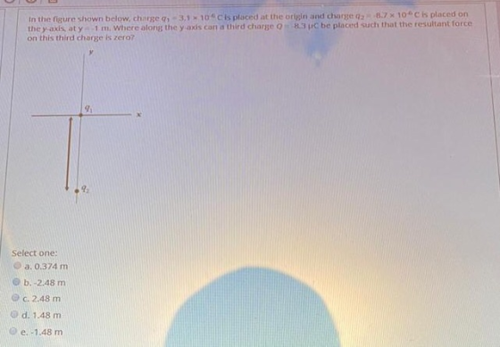 In the figure shown below, charge 3.1 10°cis placed at the origin and charge 28.7 10°C is placed on they-axis, aty -1 m. Wher