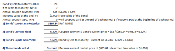 Bonds yield to maturity, RATE # of Years to maturity, NPER Annual coupon payment, PMT Maturity value at the end, FV Annual coupon type, TYPE0 0 if coupons paid at the end of each period; 1 if coupons paid at the beginning of each period. 1) Bonds current market price$86984 IR 8% 7 $55 [$1,000 x 5.5%) $1,000 [Face value of the bond] ef: NOTE] 6.32% [Coupon payment / Bonds current price-S55 / $869.84-0.0632-6.32%) 2) Bonds Current Yield 3) Bonds Capita Gain Yield 4) These bonds sell at 1.68% [Bonds yield to maturity-Current Yield : 896-6.32%-1.68%) Discount [Because current market price of $869.84 is less than face value of $1,000]