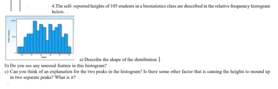 4.The self- reported heights of 105 students in a biostatistics class are described in the relative frequency histogranm below. a) Describe the shape of the distribution | b) Do you see any unusual feature in this histogram? c Can you think of an explanation for the two peaks in the histogram? Is there some other factor that is causing the heights to mound up in two separate peaks? What is it?