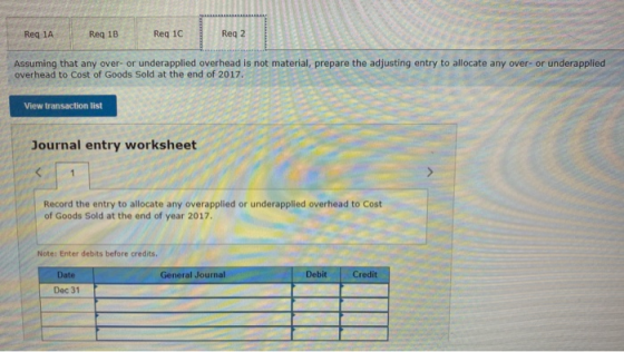 Req 1A Reg 1B Reg 10 Reg 2 Assuming that any over- or underapplied overhead is not material, prepare the adjusting entry to a