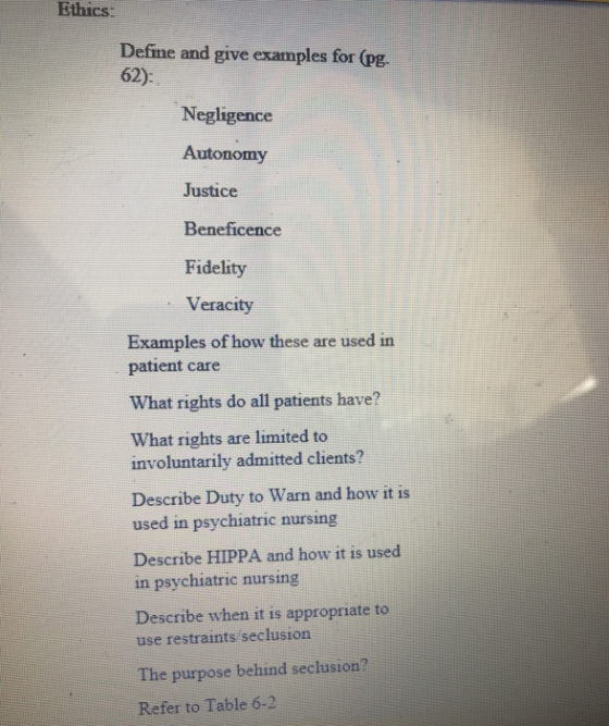 Ethics: Define and give examples for (pg 62): Negligence Autonomy Justice Beneficence Fidelity Veracity Examples of how these