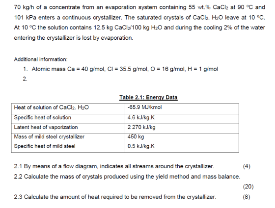 70 kg/h of a concentrate from an evaporation system containing 55 wt.% CaCl2 at 90 °C and 101 kPa enters a continuous crystal