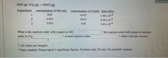 2NO(g) +Cl2(g) + NOCI (8) Experiment concentration of NO (M) 0.05 0.025 0.025 concentration of Cl2(M) Rate (M/s) 0.015 0.015