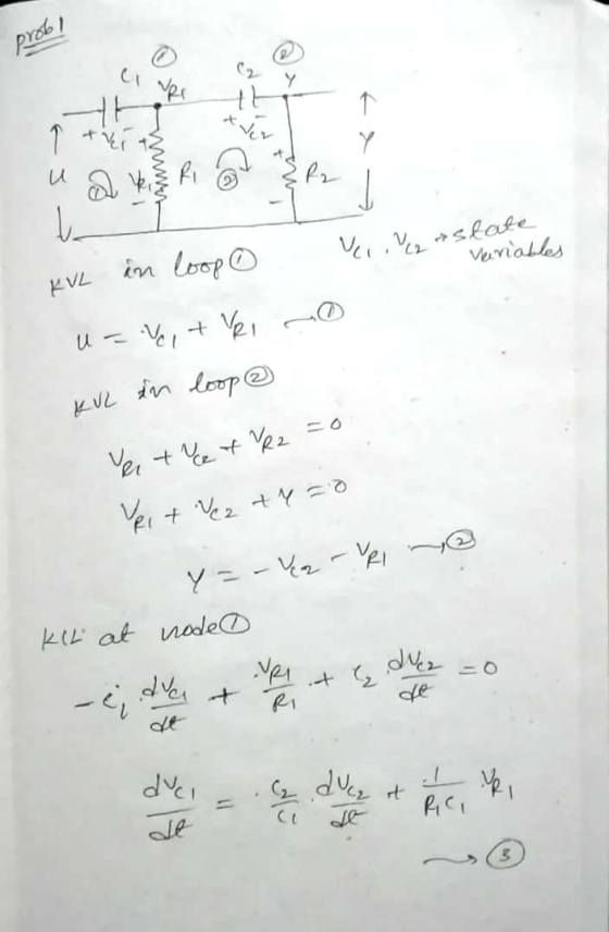 probl u al Ver esaslate Variables KVL in loop 0 u = V1 + Velo KvL in loop @ Vertret R2 = 0 Veit Vez +420 @ y = - Vea - vei KI