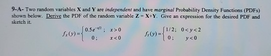 9-A-Two random variables X and Y are independent and have marginal Probability Density Functions (PDF) shown below. Derive th