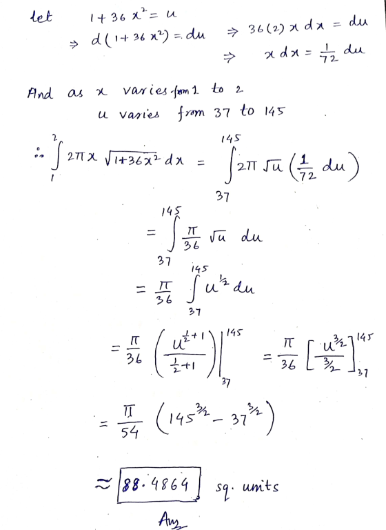 det du 1+ 36 x²= u » d (1+36x²) = du 36(2) ada xda= 22 du And as x varies from 1 to 2 u varies from 37 to 145 2 145 és 277% V