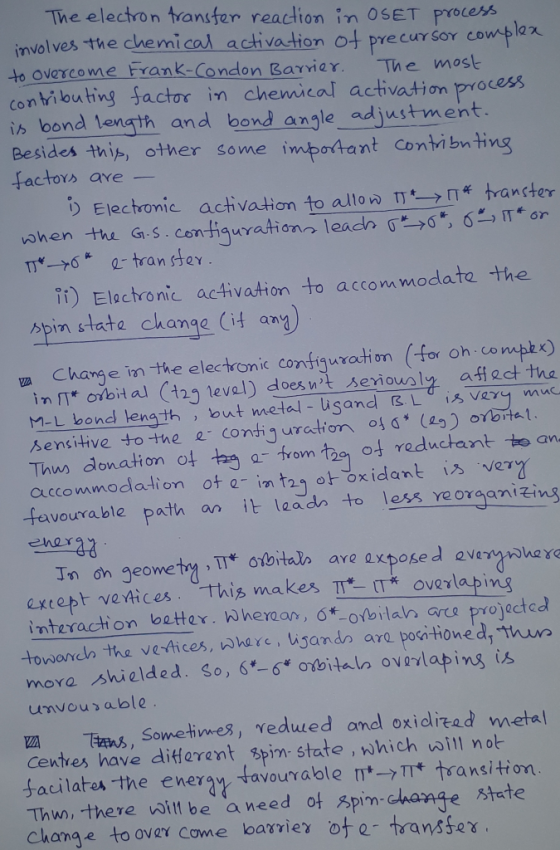 The electron transfer reaction in OSET process involves the chemical activation of precursor complex to overcome Frank-Condon