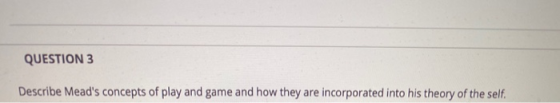 QUESTION 3 Describe Meads concepts of play and game and how they are incorporated into his theory of the self.