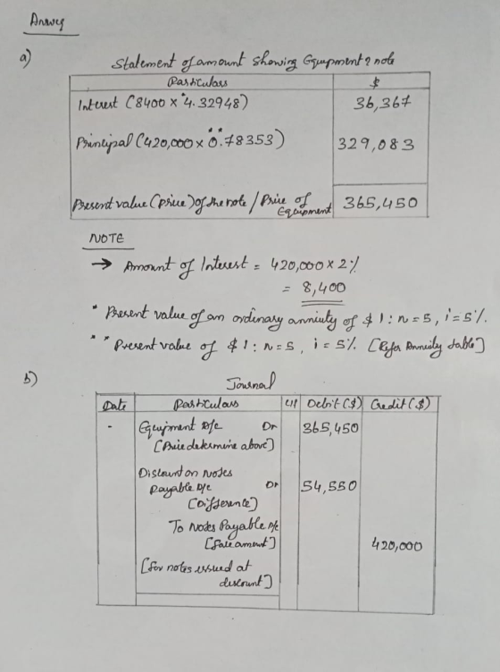 Anwy Statement of amount showing Gampment a nole Pas Culass $ Interest (8400 x 4.32948) 36,367 Principal (420,000 x 0.78353)