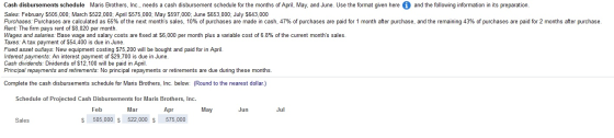 Cash disbursements schedule Maris Brothers, Inc., needs a cash disbursement schedule for the months of April, May, and June.