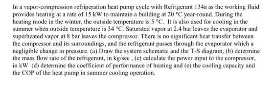 In a vapor-compression refrigeration heat pump cycle with Refrigerant 134a as the working fluid provides heating at a rate of