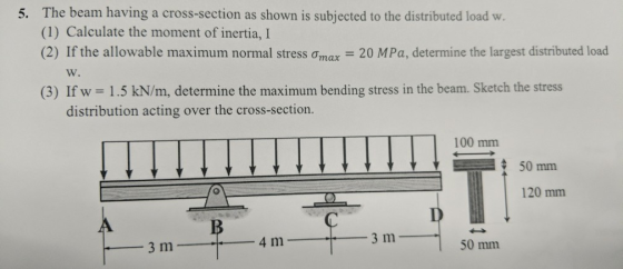 The beam having a cross-section as shown is subjected to the distributed load w (1) Calculate the moment of inertia, I (2) If