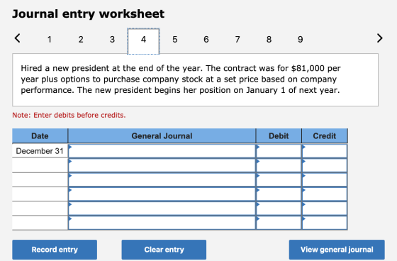 Journal entry worksheet < 1 2 3 5 6 7 8 9 Hired a new president at the end of the year. The contract was for $81,000 per year