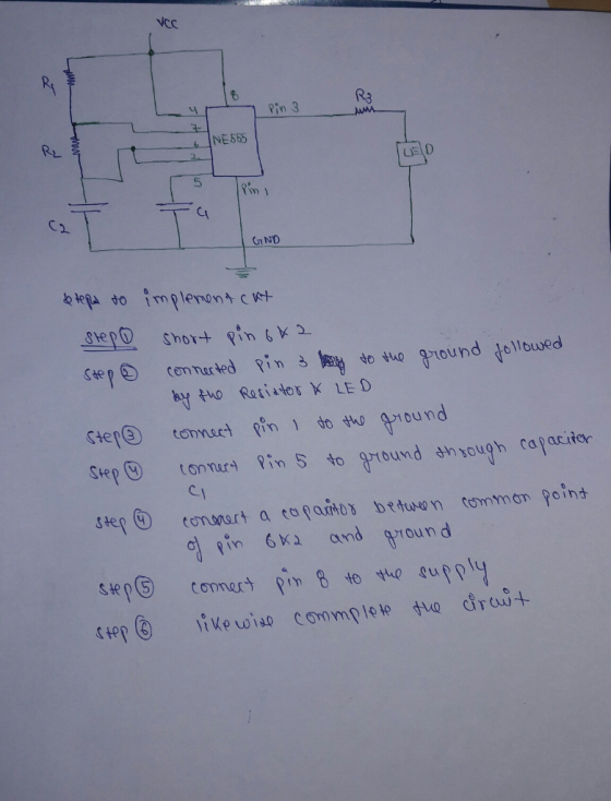 ucc 7 Pin 3 NE 555 Us GND & tepa to implement cat step short pin 642 Steep connerted pin 3 to the ground followed by the Resi