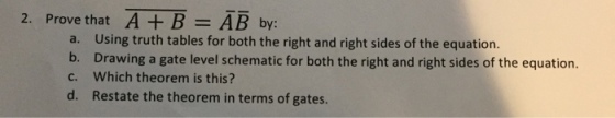 2. Prove that A+B AB by: a. b. c. d. Using truth tables for both the right and right sides of the equation. Drawing a gate level schematic for both the right and right sides of the equation Which theorem is this? Restate the theorem in terms of gates.