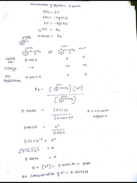 concentranim g Aspirin = 0.0067M pra= 3.5 þka = -log(ka) 3.5 = -log(Kg) 10-3.5 = ka 0.000316 - ka 0.04 00 coon initial como 0