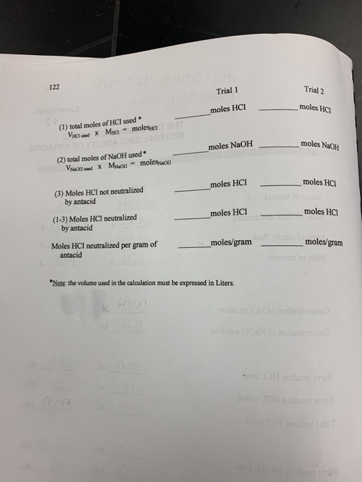 Trial 1 Trial 2 moles HCI moles HCI (1) total moles of HCl used Vice X Mac - molesc3HT moles NaOH moles NaOH (2) total moles