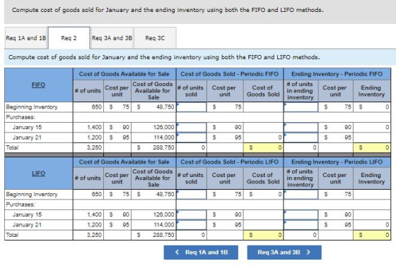 Compute cost of goods sold for January and the ending inventory using both the FIFO and LIFO methods. Reg 1A and 1B Reg 2 Reg