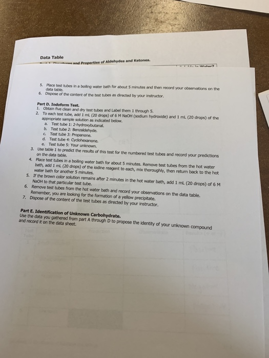 Data Table 5. Place test tubes in a boiling water bath for about 5 minutes and then record your observations on the datatable