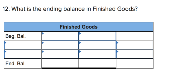 12. What is the ending balance in Finished Goods? Finished Goods Beg. Bal. End. Bal.