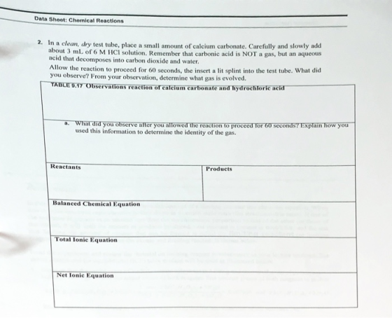 Data Sheet: Chemical Reactions 2. In a clean, dry test tube, place a small amount of calcium carbonate. Carefully and slowly