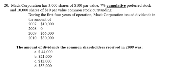20. Mack Corporation has 3,000 shares of $100 par value, 7% cumulative preferred stock and 10,000 shares of $10 par value com