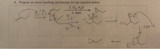 4. Propose an arrow-pushing mechanism for the reaction below. 1. Cl₂, H₂O 2. NaH HO O-H Loh HOH Na-u 00 27,