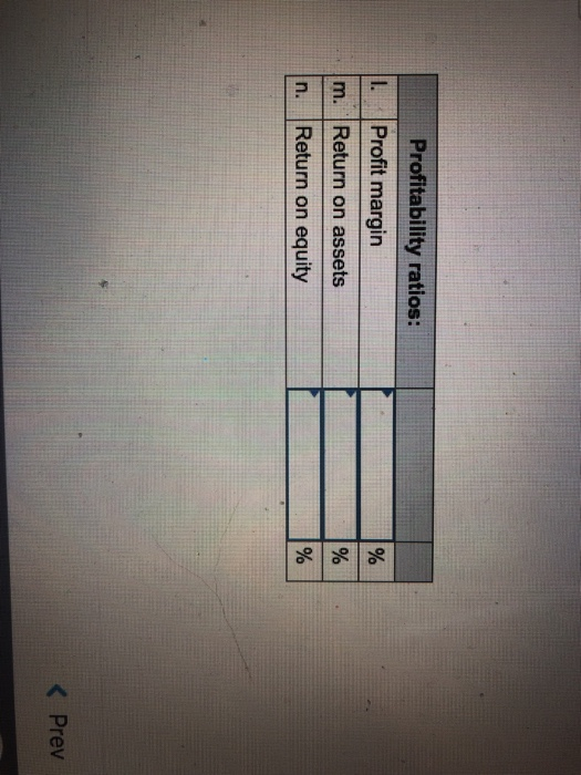 Profitability ratios: I. Profit margin m. Return on assets n. Return on equity Prev