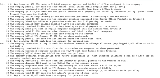 Oct. S. Rey invested $52,000 cash, a $23,000 computer system, and $8,000 of office equipment in the company. 2 The company paid $3,280 cash for four months rent. (Hint: Debit Prepaid Rent for $3,280.) 3 The company purchased $1,390 of computer supplies on credit from Harris Office Products 5 The company paid $1,800 cash for one years premium on a property and liability insurance policy. (Hint: Debit Prepaid Insurance for $1,800.) 6 The company billed Easy Leasing $5,400 for services performed in installing a new Web server 8 The company paid $1,390 cash for the computer supplies purchased from Harris Office Products on October 3. 10 The company hired Lyn Addie as a part-time assistant for $150 per day, as needed. 12 The company billed Easy Leasing another $1,600 for services performed 15 The company received $5,400 cash from Easy Leasing as partial payment on its account. 17 The company paid $795 cash to repair computer equipment that was damaged when moving it. 20 The company paid $1,698 cash for advertisements published in the local newspaper. 22 The company received $1,600 cash from Easy Leasing on its account. 28 The company billed IFM Company $5,308 for services performed. 31 The company paid $1,050 cash for Lyn Addies wages for seven days work. 31 S. Rey withdrew $2,800 cash from the company for personal use Nov. 1 The company reimbursed S. Rey in cash for business automobile mileage allowance (Rey logged 1,000 miles at $0.28 per mile) 2 The company received $5,033 cash from Liu Corporation for computer services performed 5 The company purchased computer supplies for $1,070 cash from Harris Office Products 8 The company billed Gomez Co. $6,368 for services performed 13 The company received notification from Alexs Engineering Co. that Business Solutionss bid of $4,650 for an upcoming project was accepted. 18 The company received $1,708 cash from IFM Company as partial payment of the October 28 bill. 22 The company donated $220 cash to the United Way in the companys name 24 The company completed work for Alexs Engineering Co. and sent Alexs a bil1 for $4,650 25 The company sent another bill to IFM Company for the past-due amount of $3,600 28 The company reimbursed S. Rey in cash for business automobile mileage (1,200 miles at $0.28 per mile) 30 The company paid $2,100 cash for Lyn Addies wages for 14 days work. 30 S. Rey withdrew $1,000 cash from the company for personal use