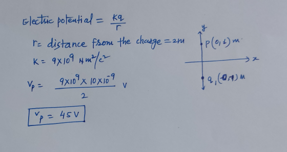 r -2m fp(0, 2) m Electric potential = kq re distance from the charge K= 9X109 *m7/22 Vp = 9x109 x 10x109 M 14,(0,4) V 2 up =