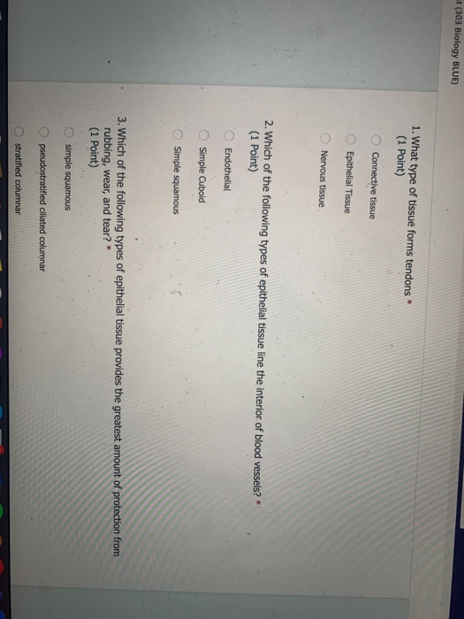 (303 Biology BLUE) 1. What type of tissue forms tendons * (1 Point) Connective tissue Epithelial Tissue Nervous tissue 2. Whi